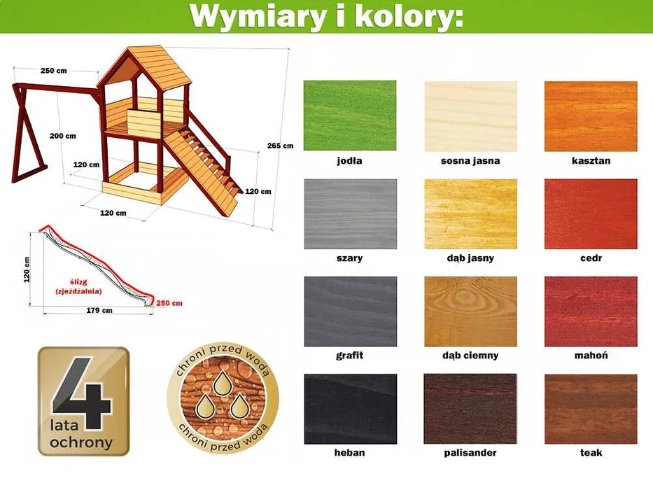 Dostępne wymiary domku oraz kolory impregnatu drewna